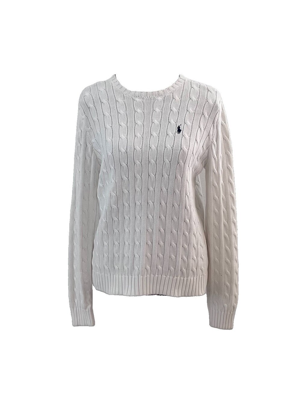 VTG Ralph Lauren Womens Cotton Cable Knit Crew Neck Sweater RLL Logo White L - Picture 2 of 10